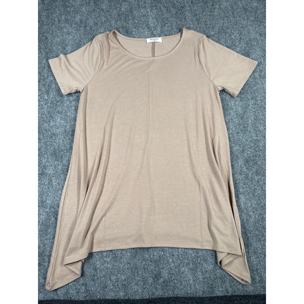 Zenana Womenβ 1X Tan Beige Sharkbite Hem Short Sleeve Tunic Top Plus Size NEW